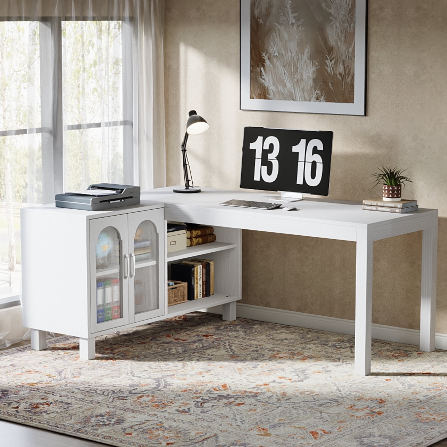 Finmind L Shaped  Executive Desk with File Cabinet, 59-inch Wood Computer Desk with Storage Shelves for Work and Study, White