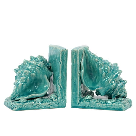 Ceramic Glossy Conch Seashell Bookend on Base, Assortment of Two, Turquoise Blue