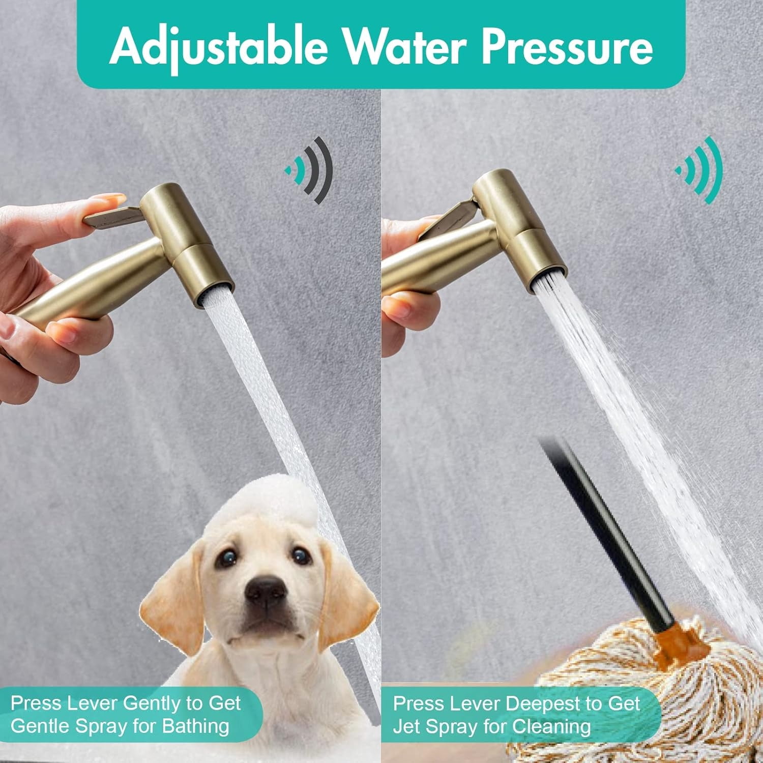Handheld Bidet Sprayer for Toilet, Stainless Steel Metal Made Baby Cloth Diaper Spraying Kit, Bathroom Toilet Bidet Attachment Set for Bathing Pets and Feminine Hygiene, Brushed Brass Gold
