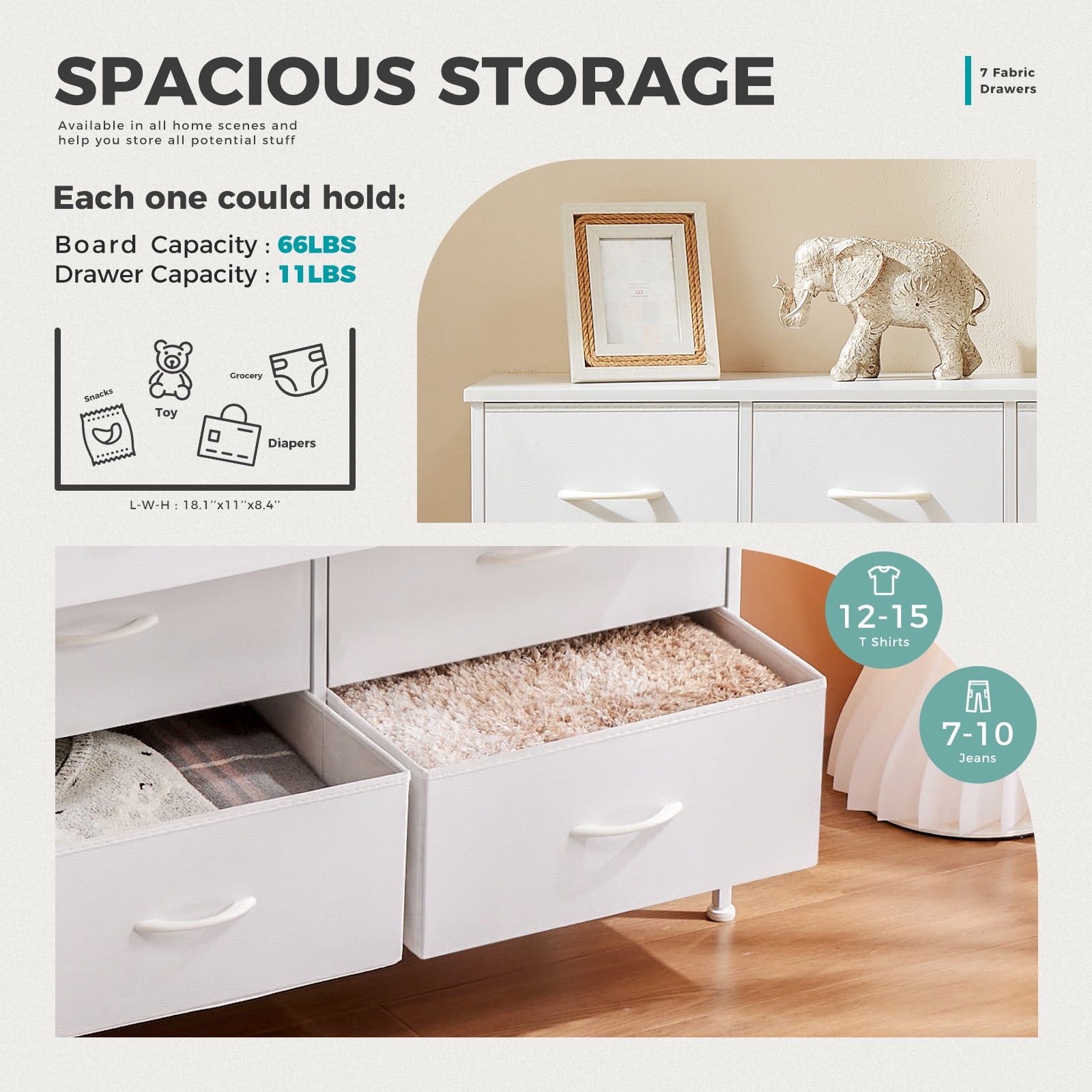 MCQ 7 Drawer Fabric Dresser, Chest of Drawer Organizer Storage Cabinet for Closet, Entryway, Bedroom, Living Room, White