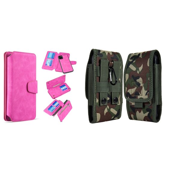 Clutch Wallet Detachable Case and Belt Holster Pouch for iPhone 14 Plus (Hot Pink/Jungle)