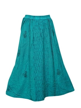 Mogul Women's Skirt Bohemian A-Line Twisted Panel Rayon Embroidered Teal Green Summer Skirts S