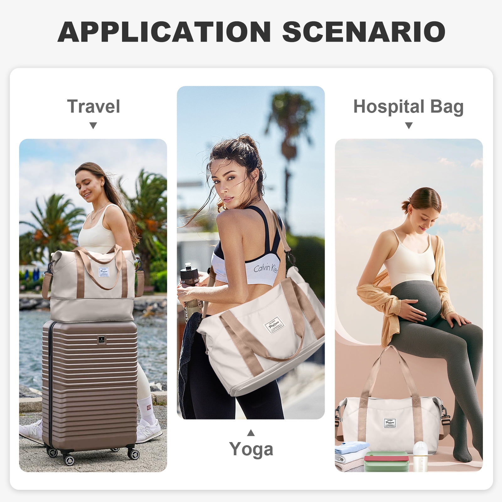 Travel Bag, Waterproof Duffel Gym Tote Bag, Weekender Carry On Overnight Bags for Women Men Approved Personal Item Bag for Airlines with Trolley Sleeve, Travel Duffel Bags, Beige Brown
