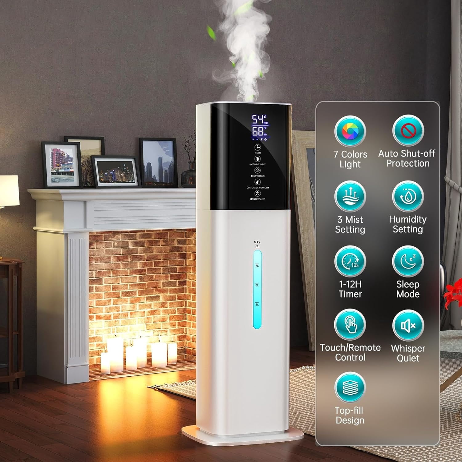 Humidifiers Large Room Bedroom with 7 Colors Light,Honovos 8L 2.1Gal Quiet Ultrasonic Cool Mist Topfill Humidifier with 360° Nozzle 3 Speed Humidistat Essential Oil Tray for Baby Home Plant Yoga Slee