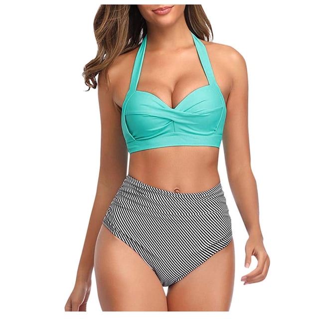 Women Vintage Swimsuit Two Piece Retro Halter Ruched High Waist Print Bikini Set