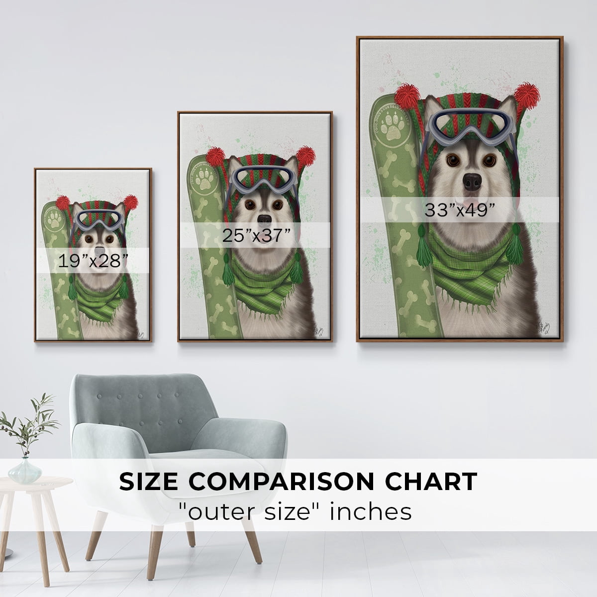 Christmas Husky Snowboard - Framed Gallery Wrapped Holiday Canvas - 27 x 41 - Rosewood Frame