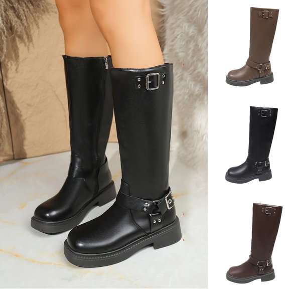 Women's Knee High Boots Square Toe Chunky Heel Boots with Back Zipper, Slip Resistant Lug Sole Faux Leather Riding Long Boots for Fall Winter Khaki 9(42)