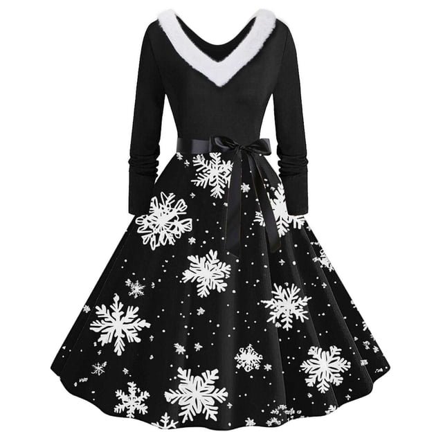 TIMIFIS Robes de Noël pour Femmes, Robes Maxi pour Femmes Robe Vintage de Vacances Manches Longues Col en V en Fourrure Robe Dos Nu