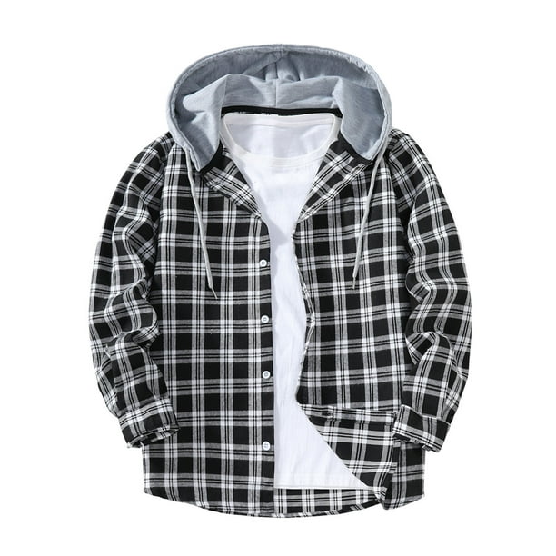 Ceisia Men's Casual Plaid Patchwork Hooded Button-Up Long Sleeve Shirt Gift