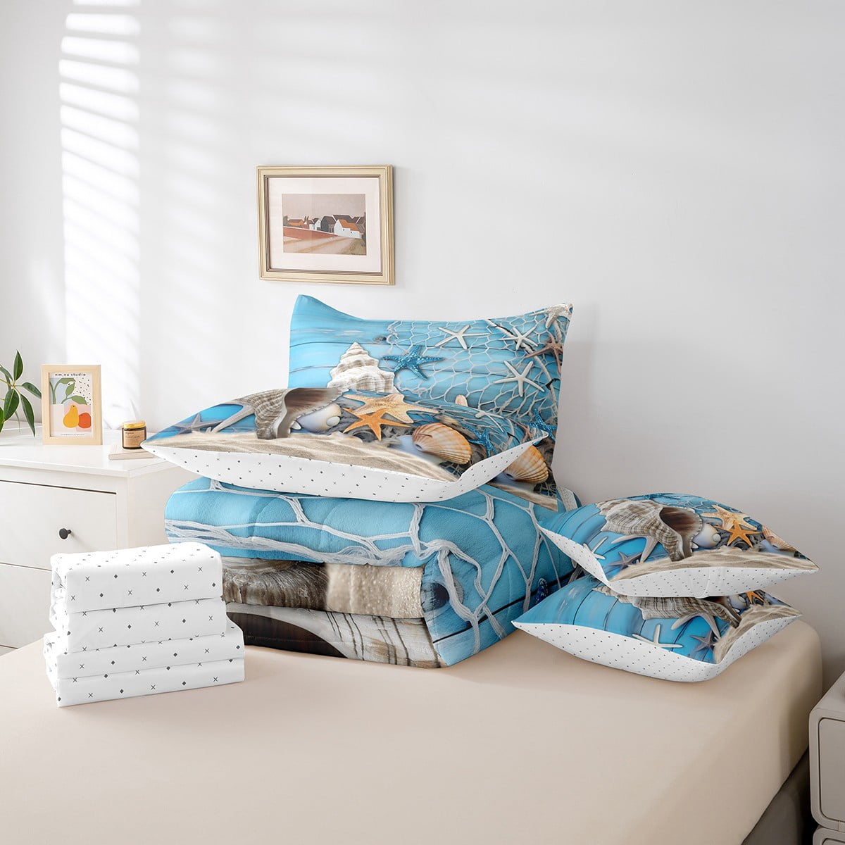 Meerjungfrauen Bett-Set 7-teilig Queen Size – Ozean-Design Mit Seestern & Oktopus, Blaugrün