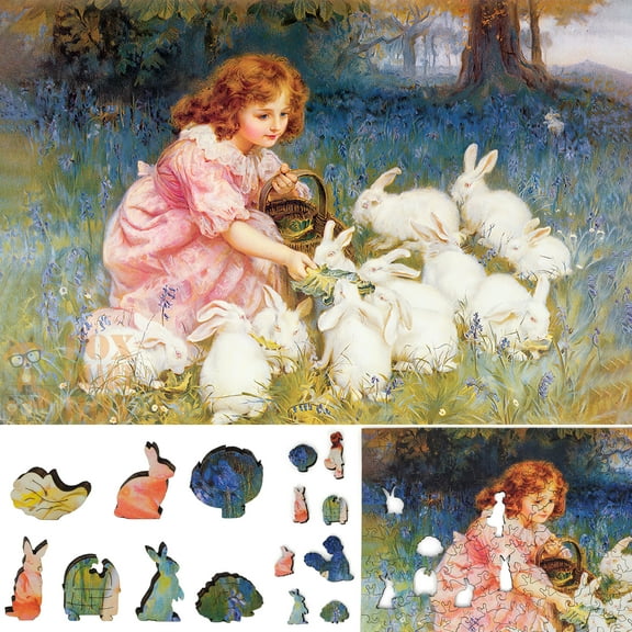 Wooden Jigsaw Puzzles for Adults with Uniquely Shaped Pieces - made in USA by FoxSmartBox - 260 Pieces - Feeding the Rabbits