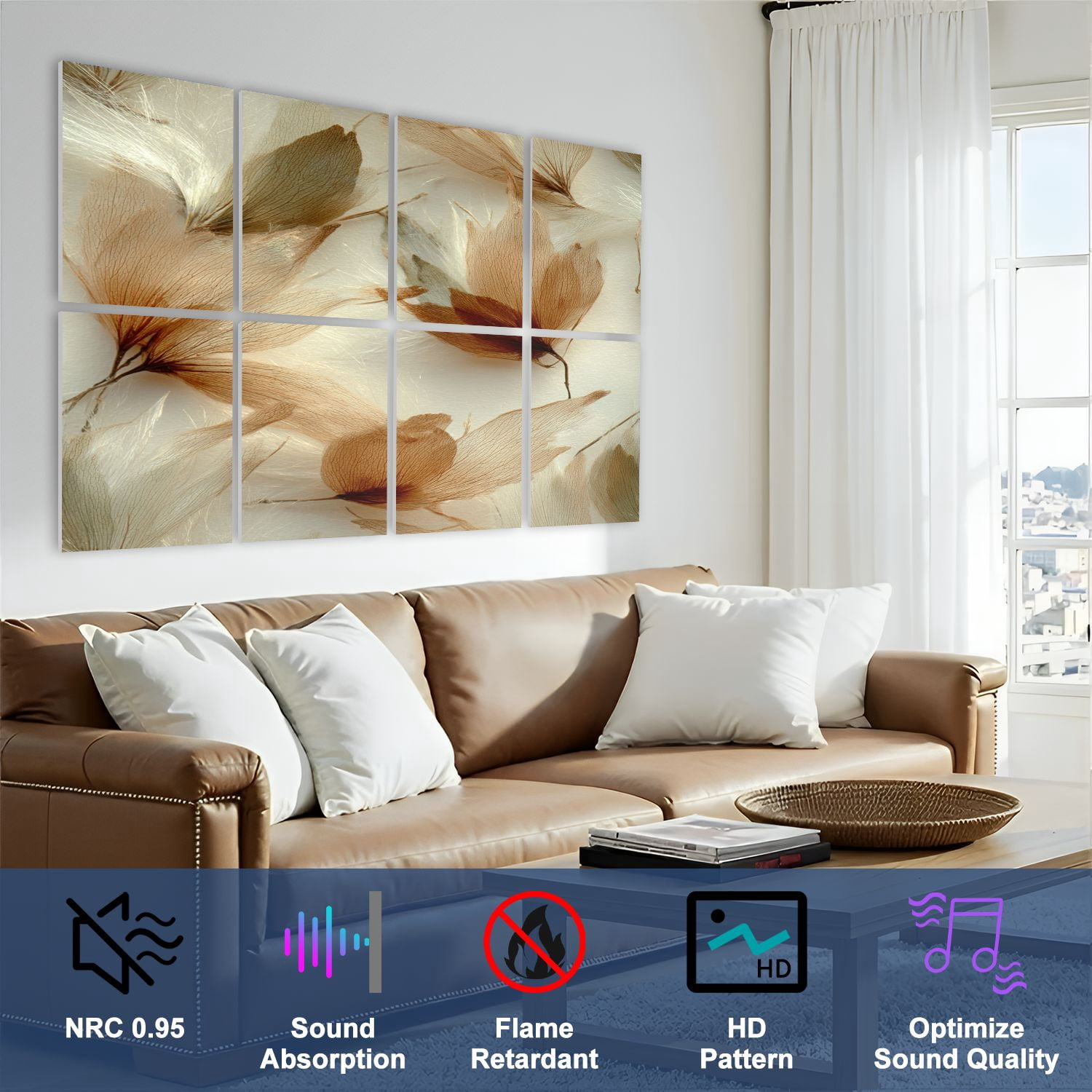 8 Pack Art Acoustic Panels Sound Absorbing Delicate Light Brown Beige Decorative Soundproof Wall Panels Self Adhesive for Nursery Game Room Bedroom 48"x32"