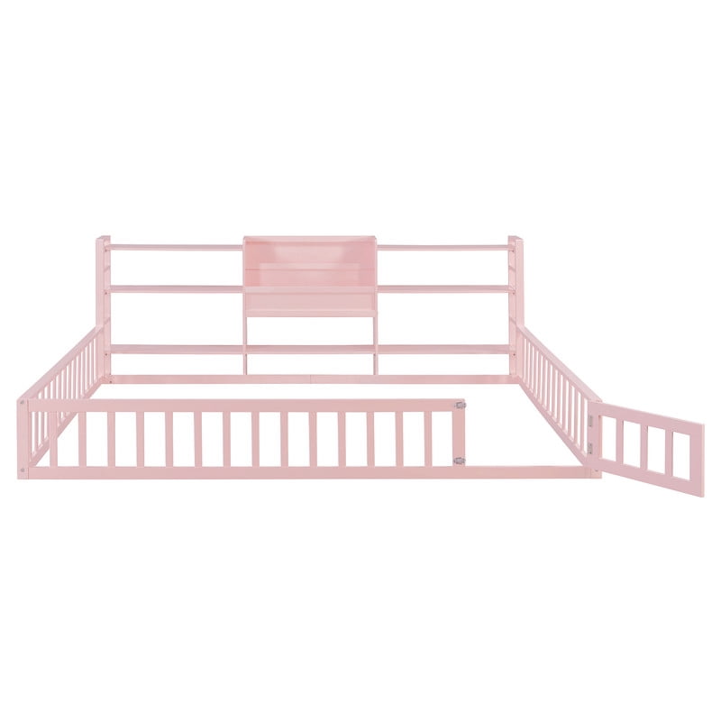 Queen Size Floor Bed Montessori Bed with Integrated Bookcase and 3-Tier Storage Shelves, Wooden Low Profile Toddler Bed Platform Bed with Safety Guardrails for Boys Girls