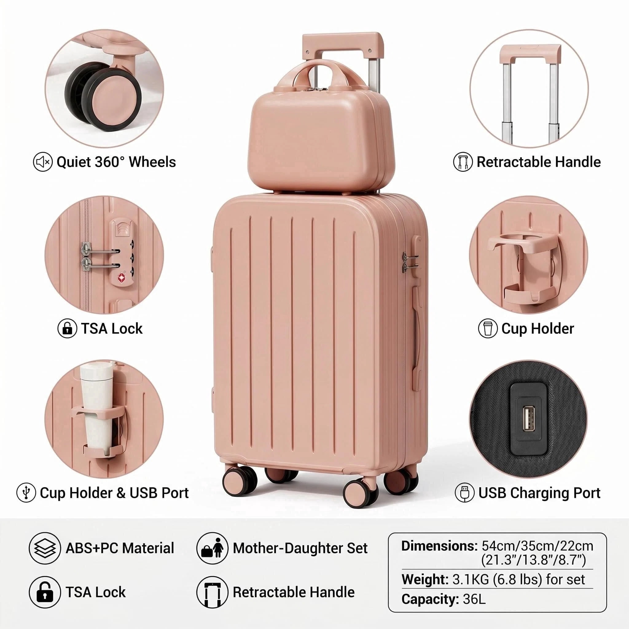 HEMXSZH 20 Inch Adult 2-Piece Hardside Rolling Luggage with Combination Lock and Cup Holder, Pink
