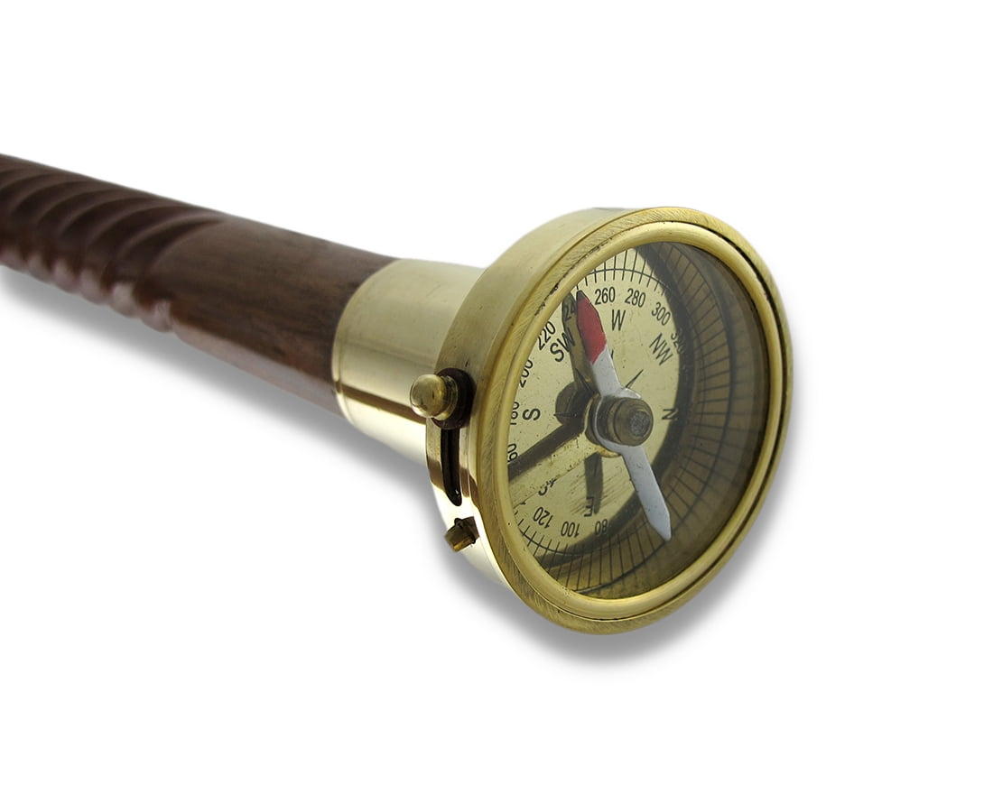 Zeckos Spiral Shaft Wood Walking Stick with Brass Compass Handle 34 ...