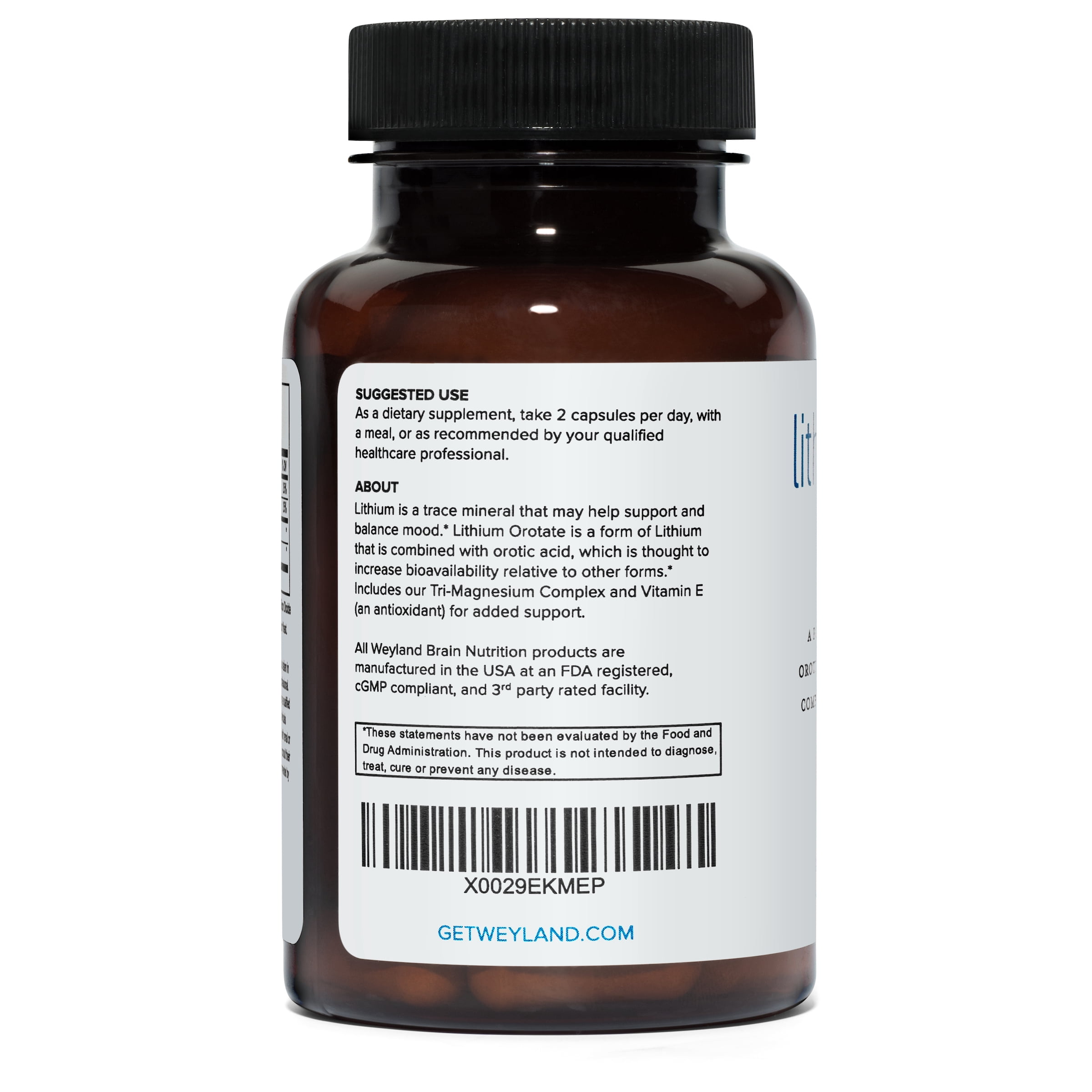 Weyland Brain Nutrition - Lithium Orotate 5mg + Magnesium + Vitamin E, 60 Vegetarian Capsules