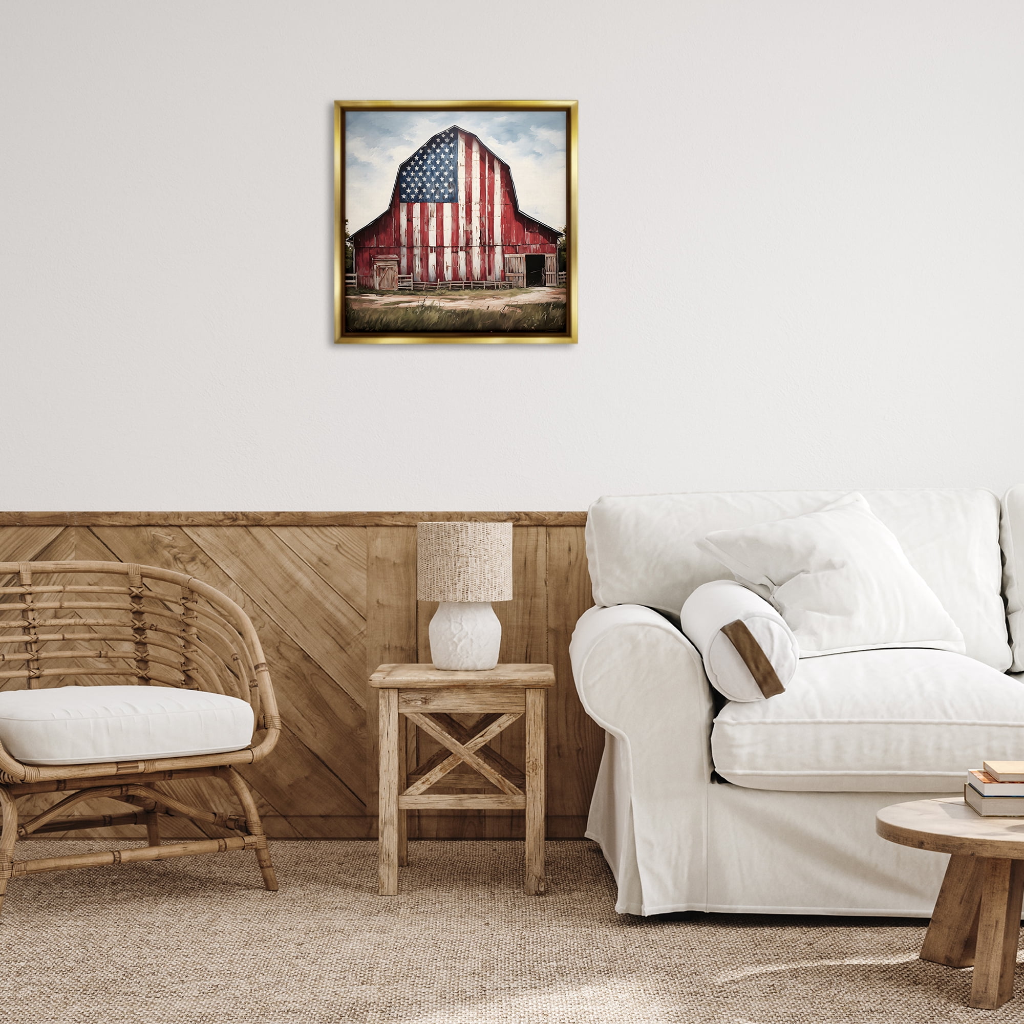 Stupell Industries Americana Barn View Landscape Painting Gold Floater Framed Canvas Art Print Wall Art, 25 x 25