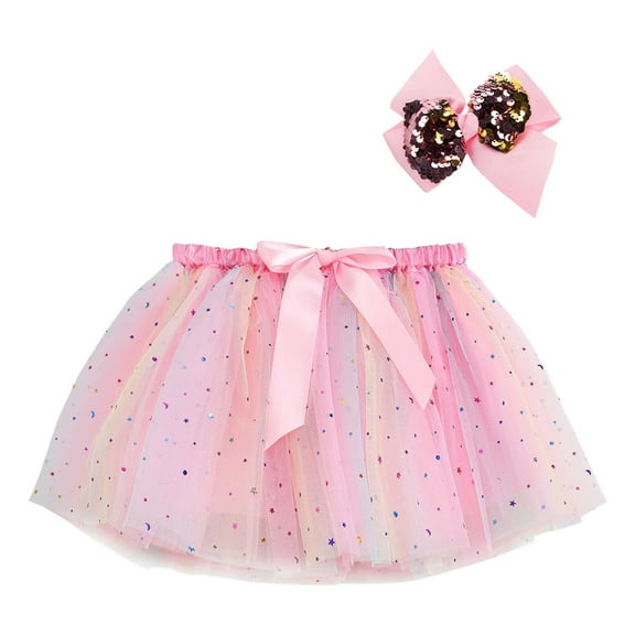 Akiihool Glitter Skirt Layered Tutu Fluffy Dance Ballet Skirt Puffy Elastic Tulle Short Skirts (Pink,9-11 Years)