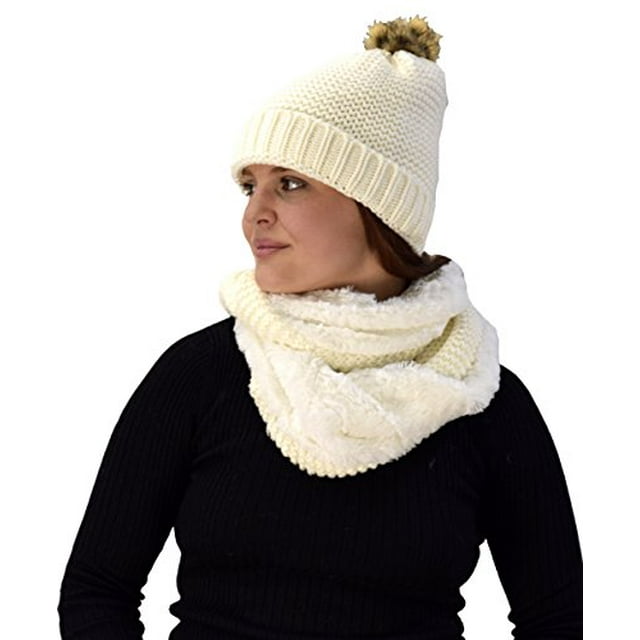 Peach Couture Thick Crochet Weave Beanie Hat Plush Infinity Loop Scarf 2 Pack Cream 90