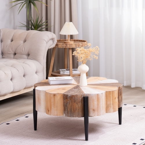 Rustic Manufactured Wood Flower - Shaped Coffee Table with Metal Legs, 31.7" Diameter Vintage Distressed Center Table for Living Room