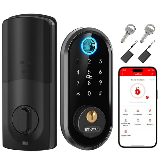 SMONET Smart Lock Fingerprint Door Lock Smart Deadbolt Keyless Entry - Electronic Digital Keypad with Biometric Fingerprint, Smartphone App Auto Lock Bluetooth Keys Fobs Smartlock for Alexa, Home