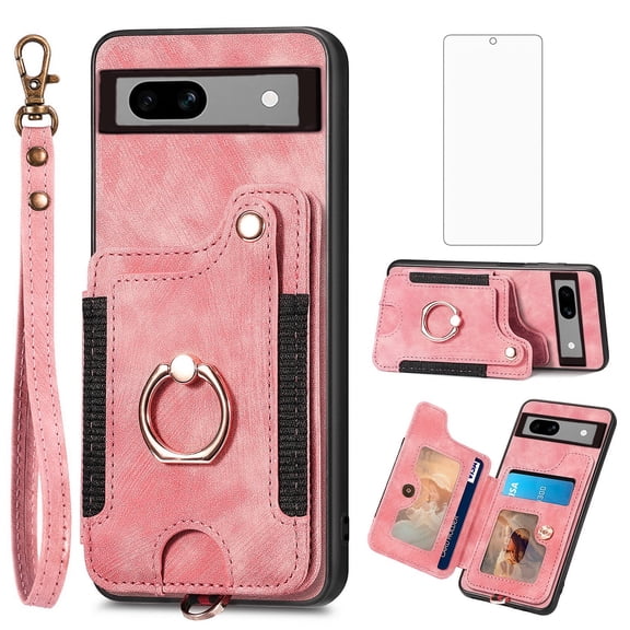 Asuwish Phone Case for Google Pixel 7A 5G 2023 Wallet Cell Cover with Tempered Glass Screen Protector Slim Lanyard Wrist Strap RFID Ring Stand Credit Card Holder Slot Pixel7A A7 Women Men Pink