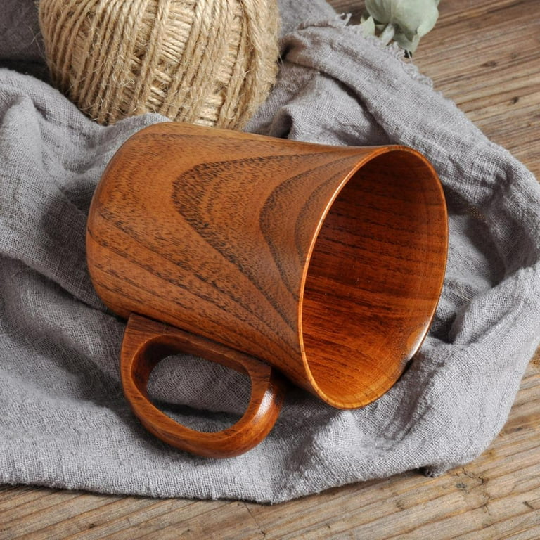 Wood Tea Cup with Handle and Saucer Natural Small Wooden Coffee Mug Drink  Set 2