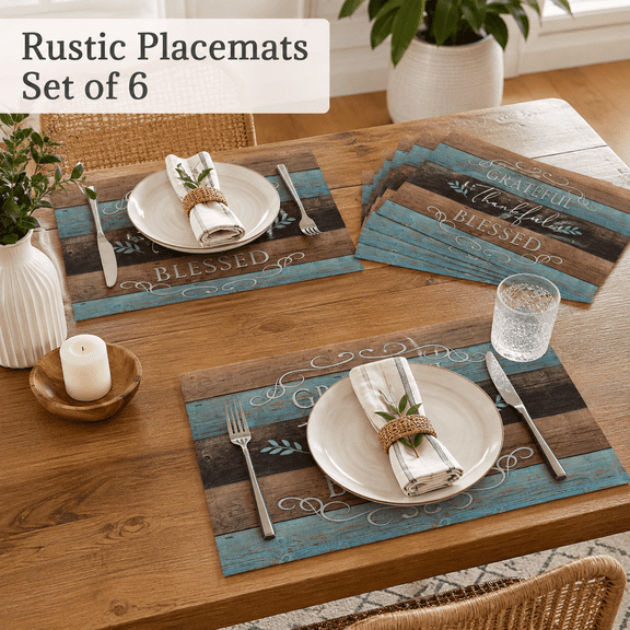 MORAVE 6 Pack 12x18 Inch Farmhouse Linen Placemats, Washable Thankful Grateful Blessed Table Mats for Kitchen Dining