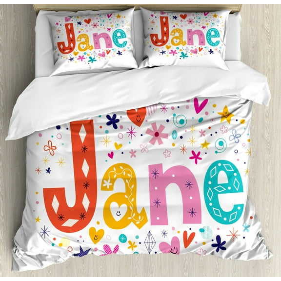 Jane King Size Duvet Cover Set, Cartoon Style Festive Celebratory Design Rhombuses Flowers and Snowflakes Baby Name, Decorative 3 Piece Bedding Set with 2 Pillow Shams, Multicolor, by Ambesonne