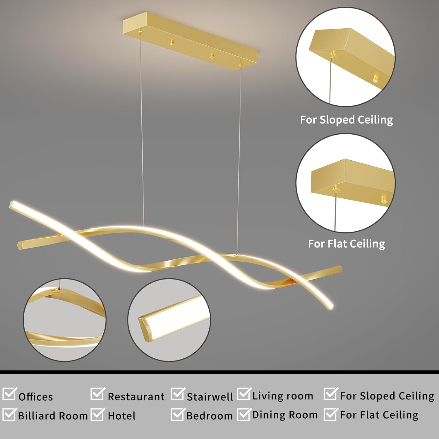 47inch Modern Gold Wave Pendant Light Fixtures Hanging Modern Ceiling Chandelier with Remote Control 3000k-6500K Adjustable Color Temperature