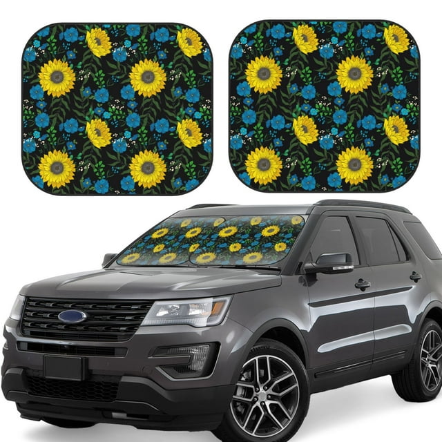 Vsdgher Sunflowers And Blue Flower Print Car Windshield Sun Shade, Reflective Sunshade Window Sunshade Sun Visor Protector Fit for Cars,Trucks,SUVs-Small