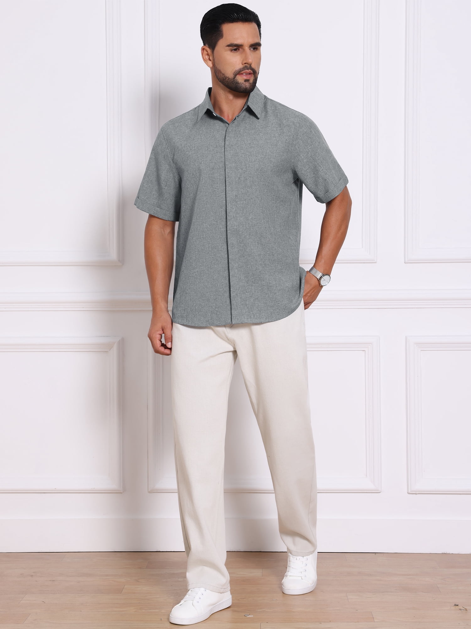 DARING DIVA Men's Solid Summer Short Sleeve Button Down Linen Shirts L Dark Gray