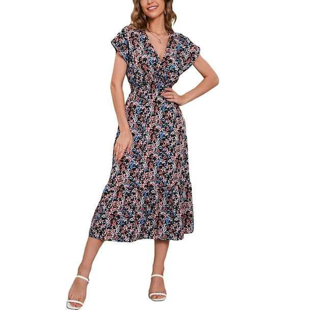 SAYOO - Vestido de gasa de manga corta para mujer, informal, con flores, cuello en V, cintura alta, línea A, de longitud media SAYOO Moda