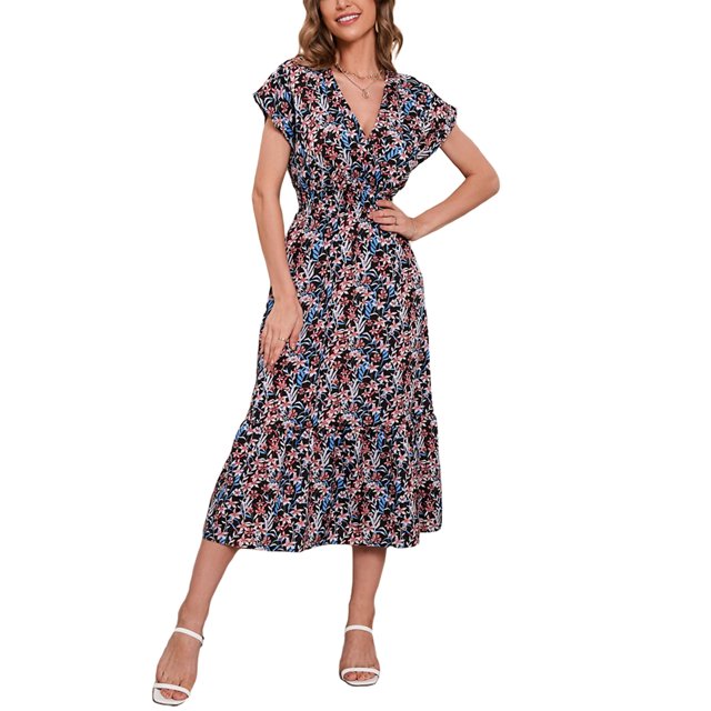 SAYOO - Vestido de gasa de manga corta para mujer, informal, con flores, cuello en V, cintura alta, línea A, de longitud media SAYOO Moda