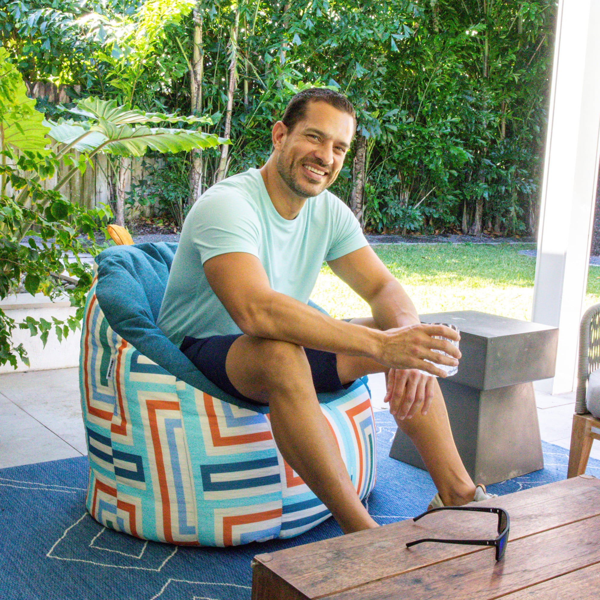 Big Joe Milano Patio Weatherproof Bean Bag Chair, Lakeshore/Aqua Glass Block Intertwist/Sunmax, Weather Resistant UV-Protected Fabric, 2.5 feet
