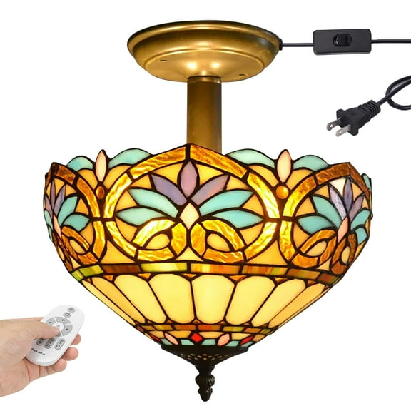 Kiven 11.8in Plug-in Flush Mount Ceiling Light Fixture, 2-Light Anti Glare Close to Ceiling Light with 15FT Cord, Tiffany-Style Glass Chandelier Dimmable for Bedroom Kitchen Hallway(No.3194)