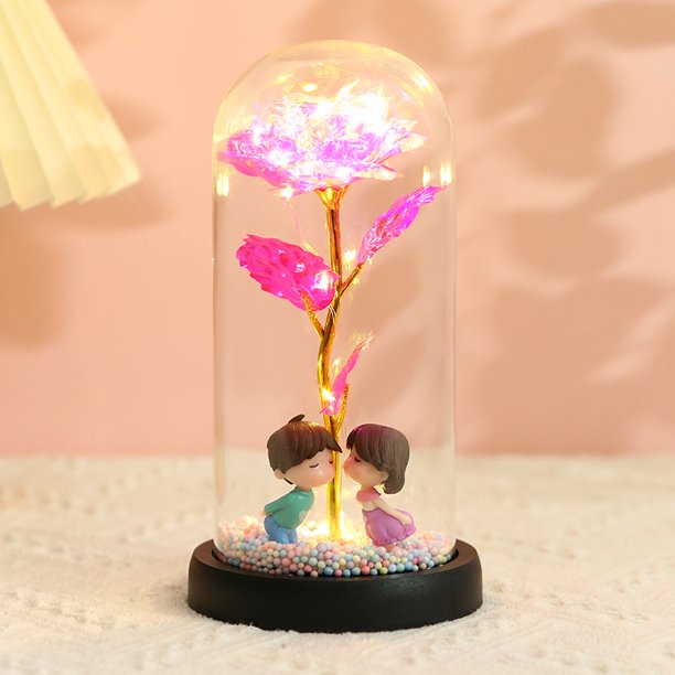Colorido 24k lámina de oro floral imitación de oro con luz rosa eterna cubierta de vidrio conjunto con caja de regalo regalo de Navidad