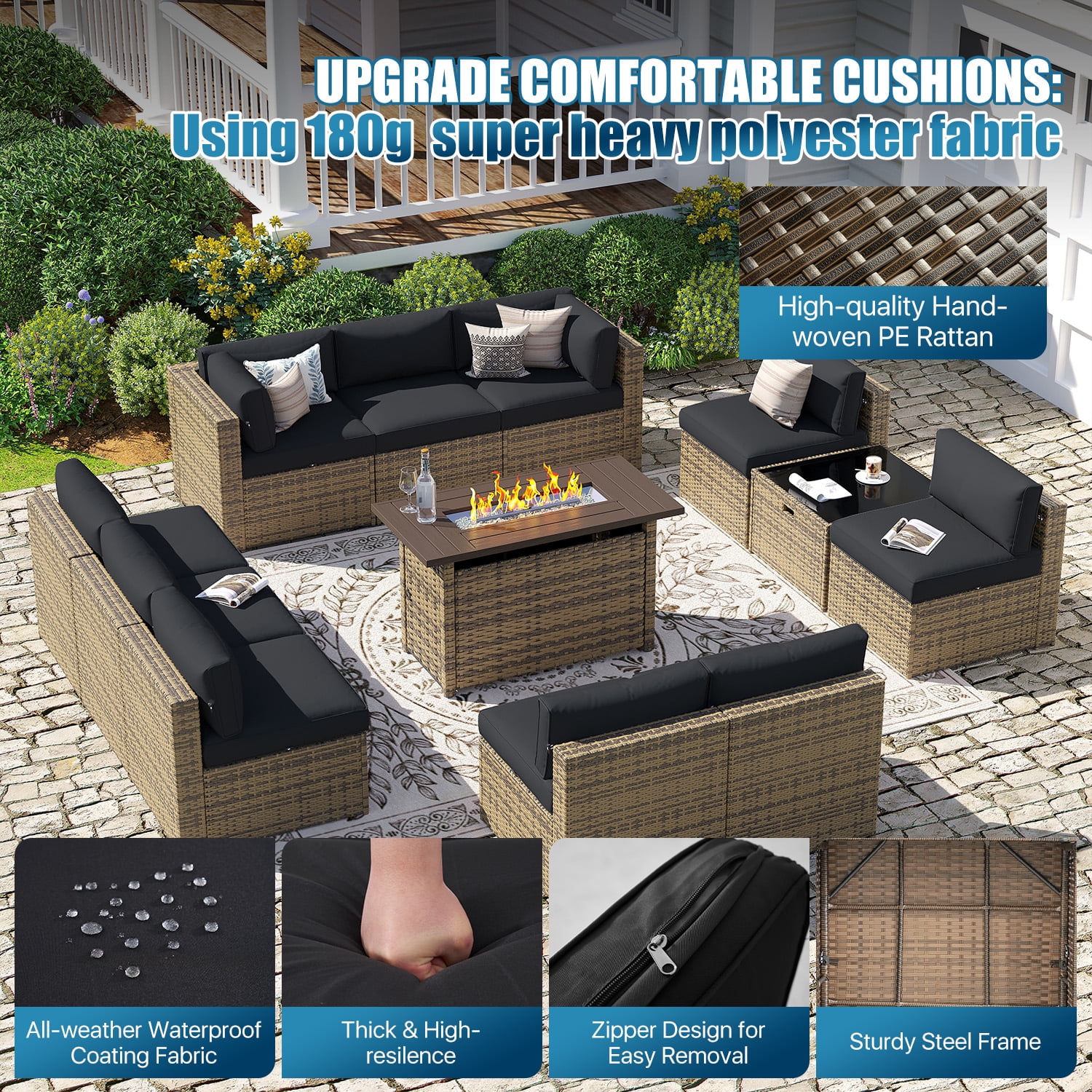 Sunmthink 12-Piece Outdoor Patio Furniture, Patio Furniture Sets with Fire Pit, Wicker Outdoor Conversation Set and Waterproof Cover