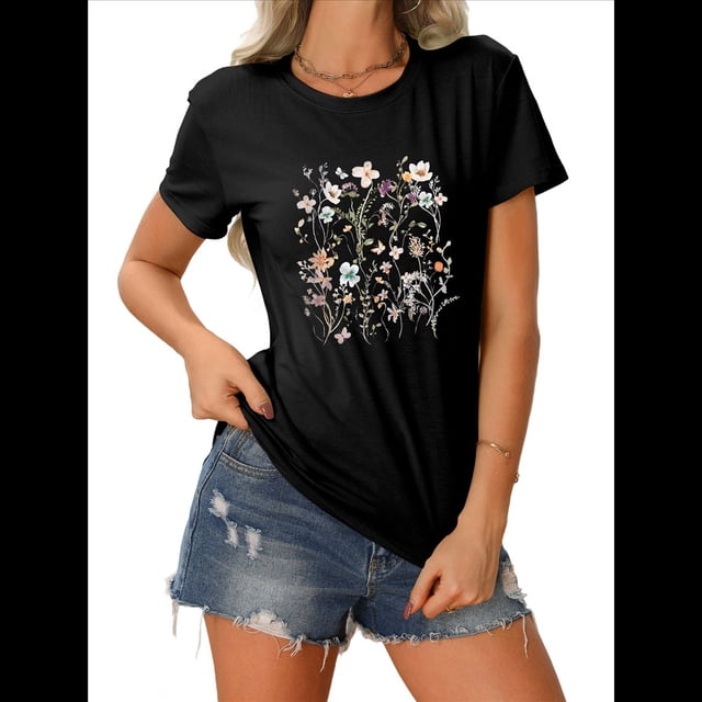 Camiseta Floral Vintage para Mujer, Estilo Bohemio, con Estampado de Flores Silvestres, Holgada, de Corta, Informal. Negro XXL
