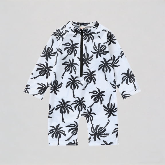 REDARER Toddler Boys One-Piece Swimsuit: Tree Print, Long-Sleeve & Zip Design – Stylish Summer Beach Bathing Swimwear,6-12 Months