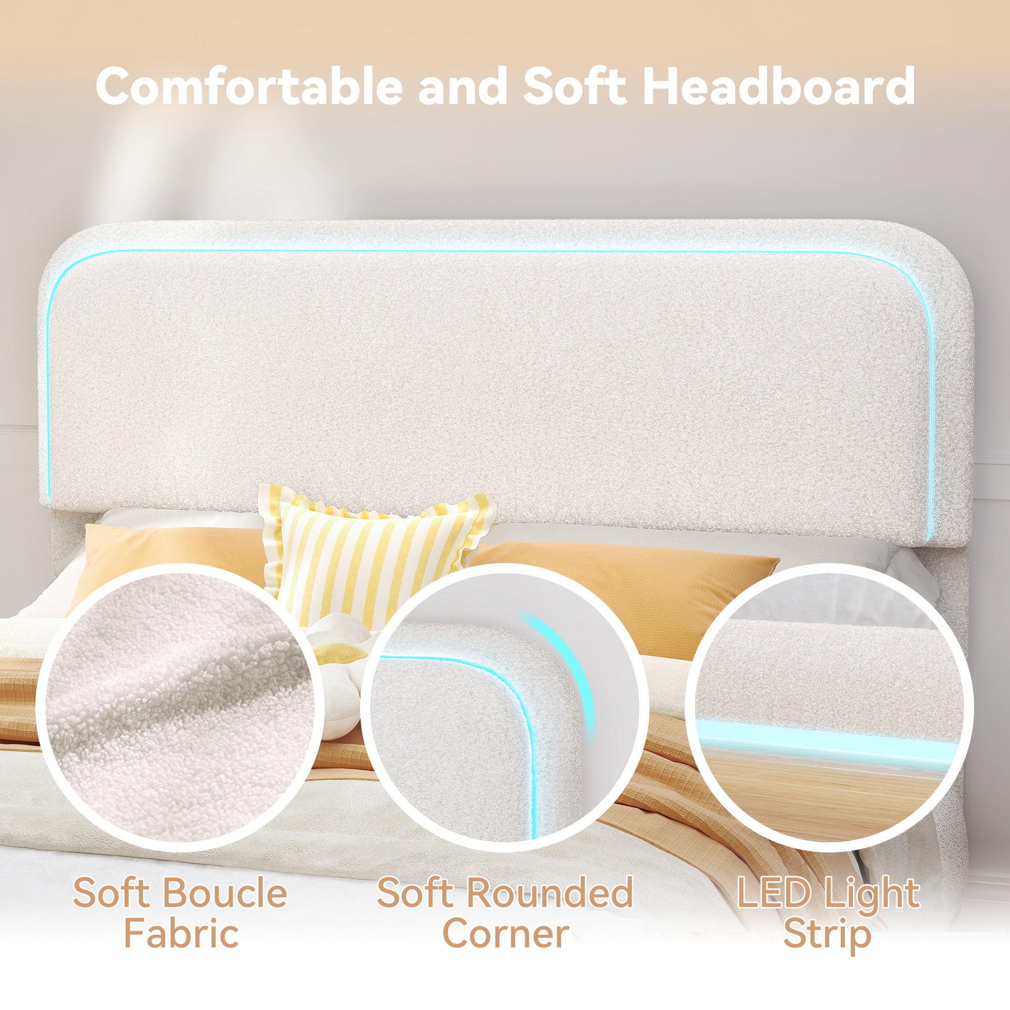 SIBEDS Queen LED Bed Frame, Teddy Fleece Upholstered Platform Bedframe, No Box Spring Needed, Cream
