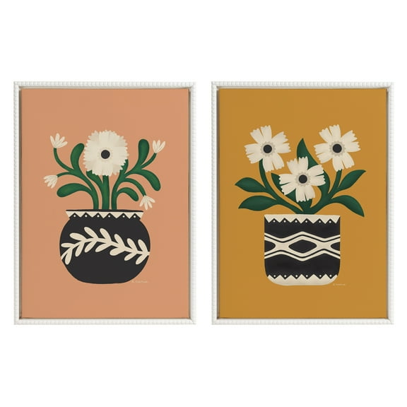 Kate and Laurel Sylvie Beaded Folk Flowers Gold and Terra Vintage Framed Canvas Wall Art Set by Carey Copeland, 2 Piece Set 18x24 White, Potted Floral Art Set for Wall