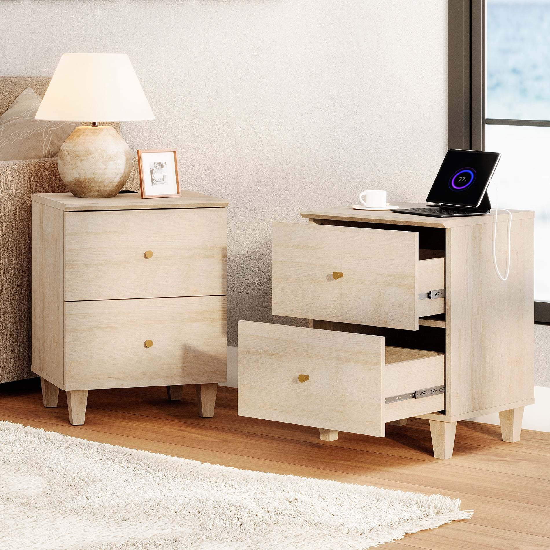 WAMPAT Dresser and Nightstands Set of 3, Wood Dresser with 6 Drawers, 2 Pieces Nightstands with Charging Stations for Living Room, Natural Oak