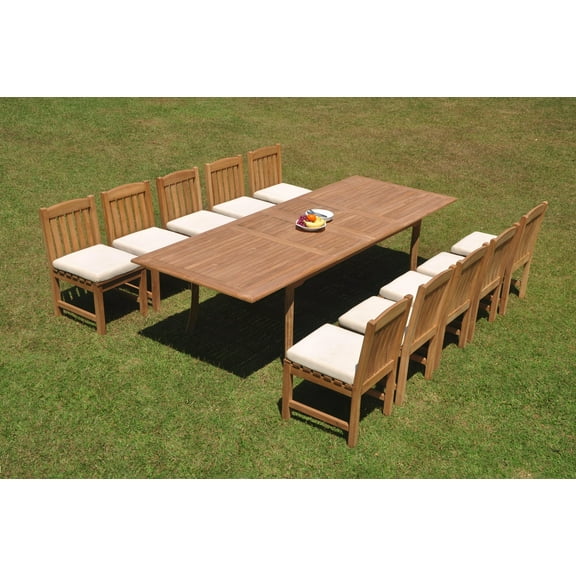 Grade-A Teak Dining Set: 10 Seater 11 Pc: 118" Double Extension Rectangle Table And 10 Devon Armless Chairs Outdoor Patio WholesaleTeak #WMDV41