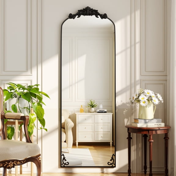 AUROMIR 64"x 21" Arched Full Length Mirror Vintage Floor Mirror with Carved Metal Frame, Black
