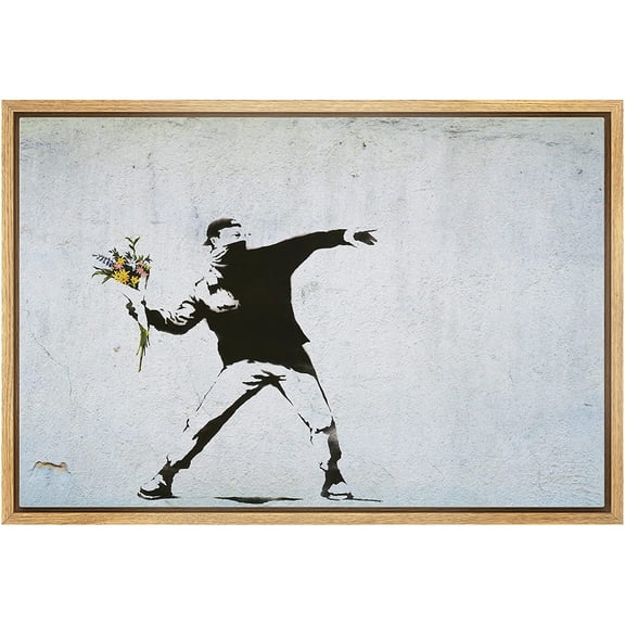wall26 Framed Canvas Print Wall Art Banksy Man Throws Yellow Flower Bouquet Graffiti & Street Art Pop Culture Illustrations Pop Art Bohemian Dark for Living Room, Bedroom, Office - 16"x24&qu