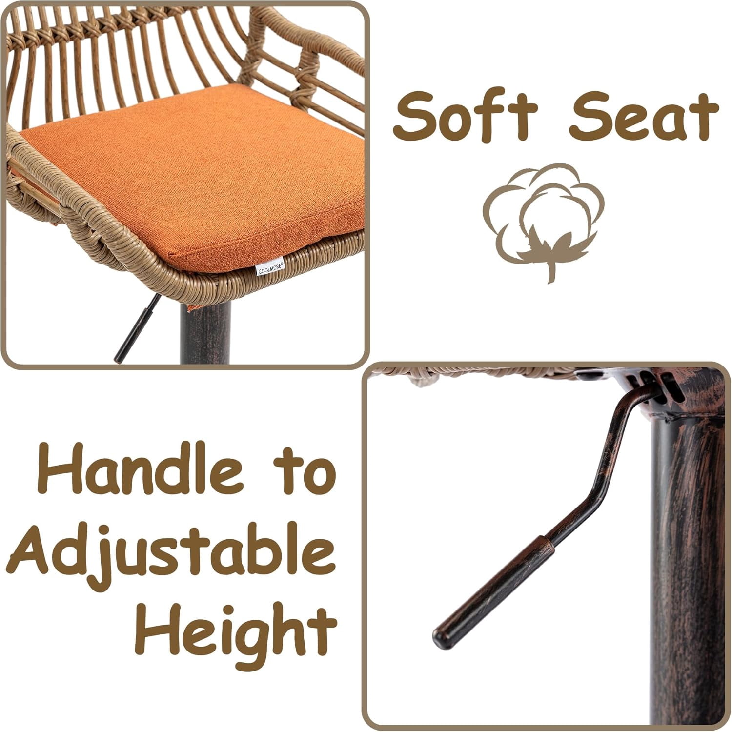BISHE Adjustable Rattan Bar Stools Set of 2 with Cushion, Boho Bar Stools with Footrest, Wicker Barstools Counter Height with Backs, High Chair for Kitchen Island, Bistros, Metal Base, Orange