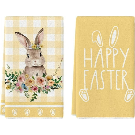 Yellow Buffalo Plaid Bunny Rabbit Happy Easter Kitchen Towels Dish Towels, 18x26 Inch Spring Summer Holiday Decoration Hand Towels Set of 2