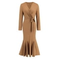 thumbnail image 6 of Kaemgyyd Women's Wrap V Neck Dress Casual Long Sleeve Wedding Guest Dress Ribbed Tie Waist Bodycon Ruffle Hem Midi Dress, 6 of 6