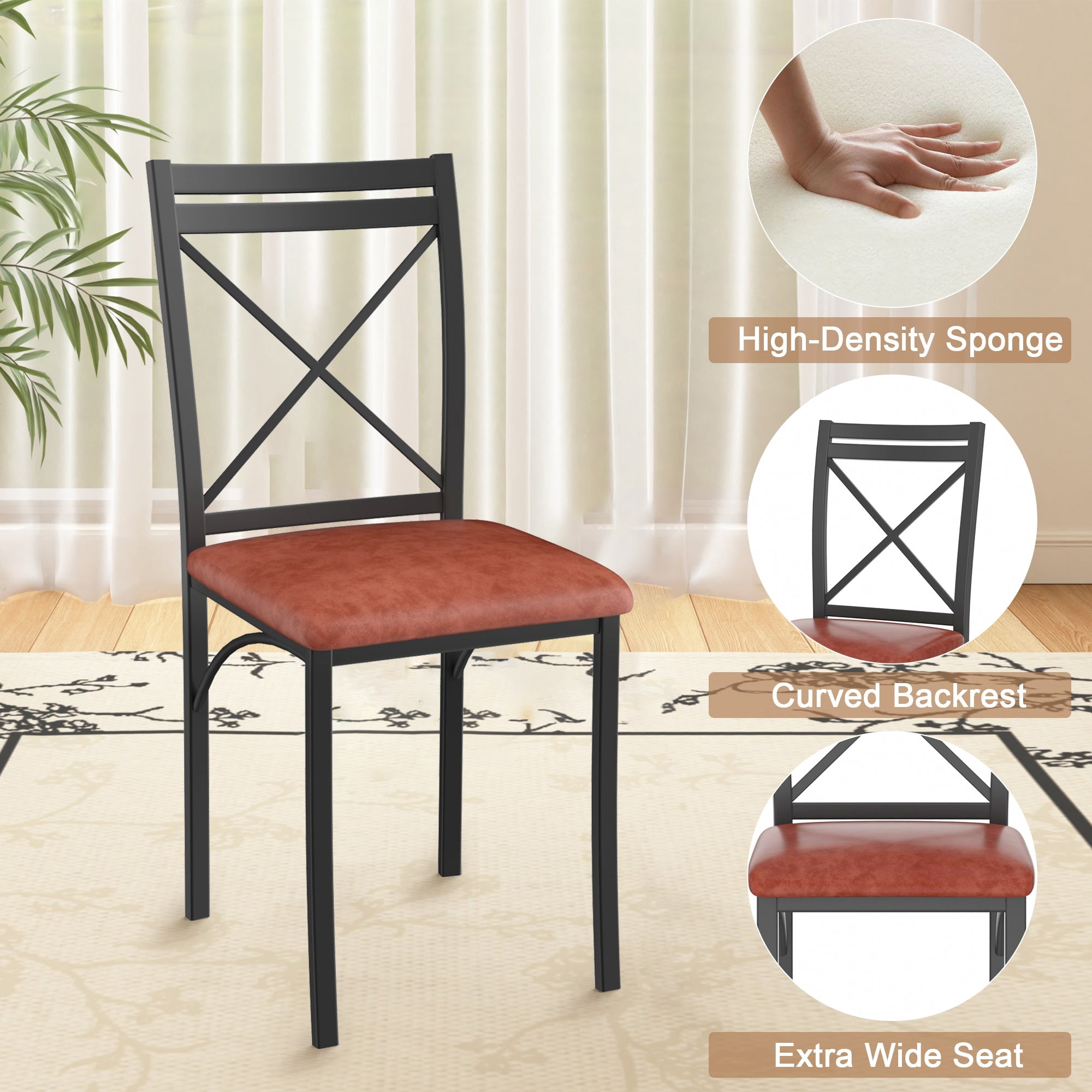 VECELO Dining Chair Set of 4, Modern Kitchen Upholstered Chairs with Backrest, Metal Legs and PU Leather Seat Set for Living Room Restaurant, Brown